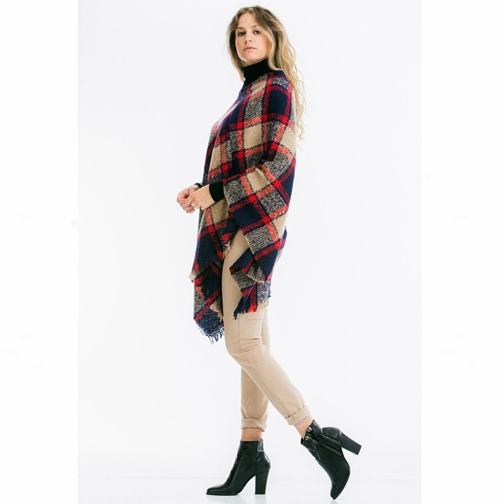 Navy Chic Plaid Fringed Blanket Poncho Sweater - Picture 2 of 8